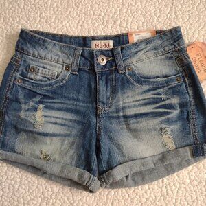 NWT Mudd dark wash distressed denim blue jean shorts ladies juniors size 1